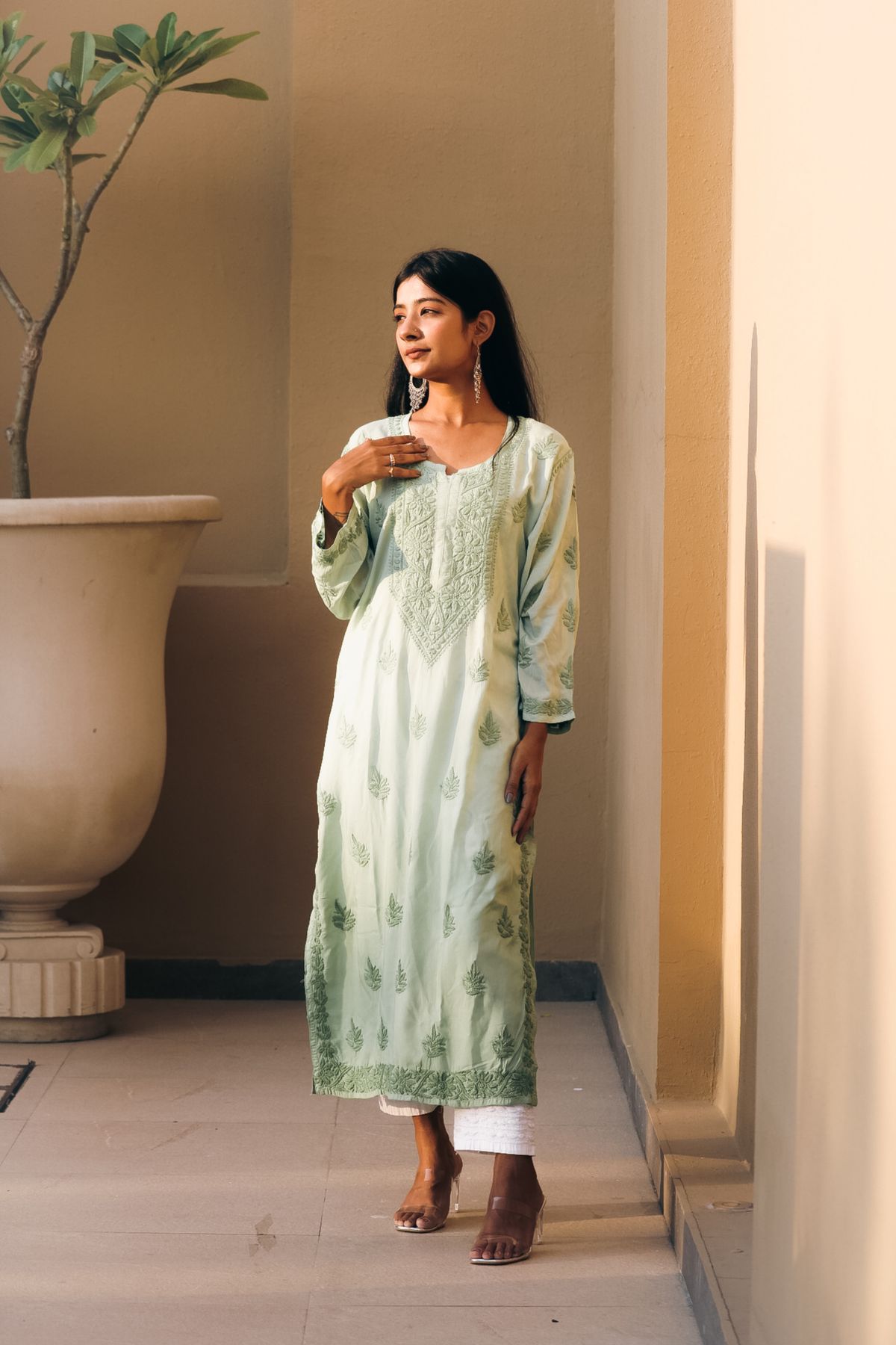 Chikankari Cotton Kurti - Pista Green
