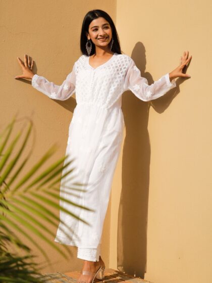 Chikankari Cotton Kurti - White